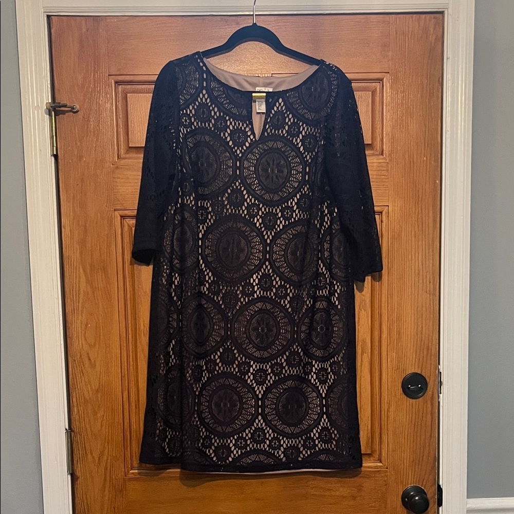 Emma & Michele Navy Lace Dress with Blush Underlay